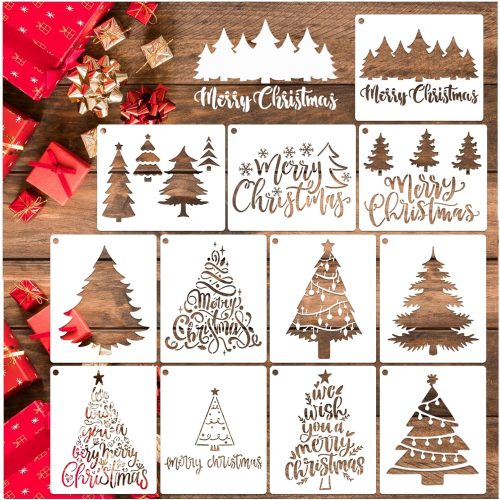 12 Pcs Christmas Tree Stencils for Painting, Reusable Holiday Pine Tree Stencil Merry Christmas Stencils for Card Making Wood Sign DIY Crafts (12pcs Tree 6x5inch)