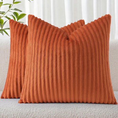 Simmore Decorative Christmas Thanksgiving Throw Pillow Covers 18x18 Set of 2, Soft Natural Plush Flannel Double-Sided Fluffy Couch Pillow Covers for Sofa Living Room, Rust