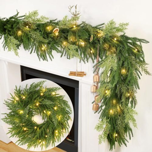 1 Prelit & Timer - 6 Ft by 12 Inch Christmas Garland with Lights, Real Touch Norfolk Pine Garlands Cedar Garland Artificial Realistic Soft Thickness 120 Pine Cypress Tips for Mantle Table Stairs Railing