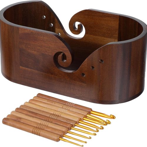 Large Oval Storage Yarn Bowls, Wooden Crochet Yarn Bowl for Crocheting with 9 Large Crochet Hooks-Yarn Holder for Knitting Enthusiasts(11.2x5.7x4.5inch)
