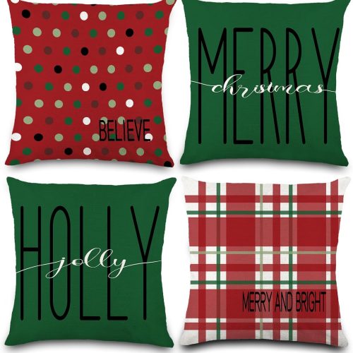 4pcs Christmas Pillow Covers 18 x 18 Inch Red Green Plaid Dot Xmas Pillow Cushion Cases for Christmas Winter Holiday Decorations Throw Pillow Covers for Couch Sofa Home Farmhouse
