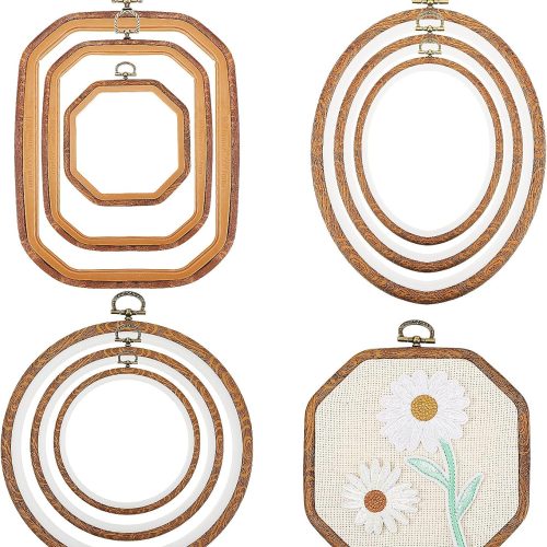 Qunclay 9 Pcs Large Embroidery Hoop Frame Decorative Imitated Wood Display Frame Circle Oval Octagonal Cross Stitch Hoop Ring for DIY Sewing Craft and Hanging Ornaments Decor (Mixed Shape)