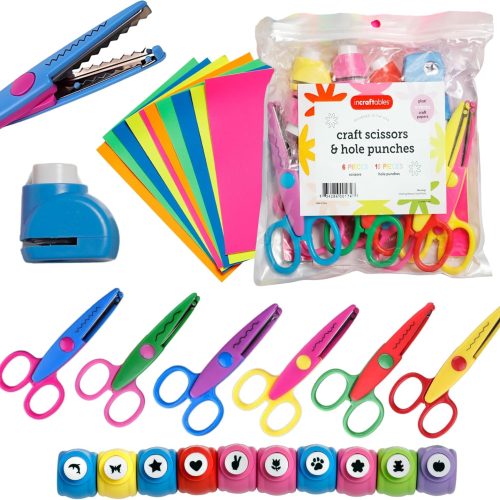 Incraftables Craft Scissors with Decorative Edge – 26 Piece Crafting Set - 6 Scissors with Fun Decorative Edge - 10 Paper Hole Punch Shapes & 10 Colorful Pieces of Paper