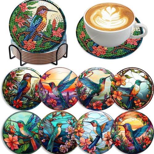 mrpwnle 8 PCS Diamond Painting Art Coaster Set with Holder Diamond Art Coasters DIY Hummingbird Diamond Painting Coasters Kit for Adults Beginners Bird Diamond Art Coasters Crafts Supplies