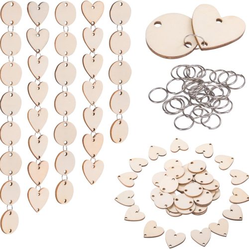 200 Pieces in Total, Wooden Circles Wooden Heart Tags with Holes and 12 mm Rings for Birthday Boards, Valentine, Chore Boards, Arts and Crafts (Set 1)
