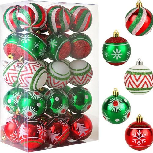 Christmas Ornaments Set, 30 pcs 2.36inch Red Green White Christmas Balls Ornaments for Christmas Tree Decorations Shatterproof Hanging Baubles Decoration for Xmas Thanksgiving Holiday Party Home Decor