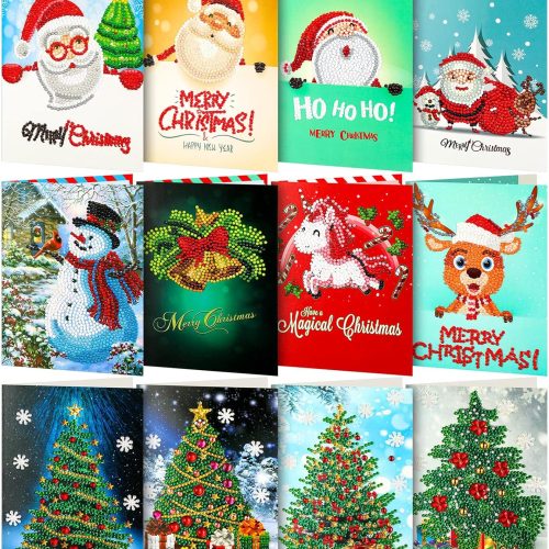 Clabby 12 Pcs Diamond Art Painting Christmas Greeting Cards Kits with Envelopes Snowman Christmas Tree Elk Diamond DIY Card Making Kits for Xmas Family and Friends Gifts