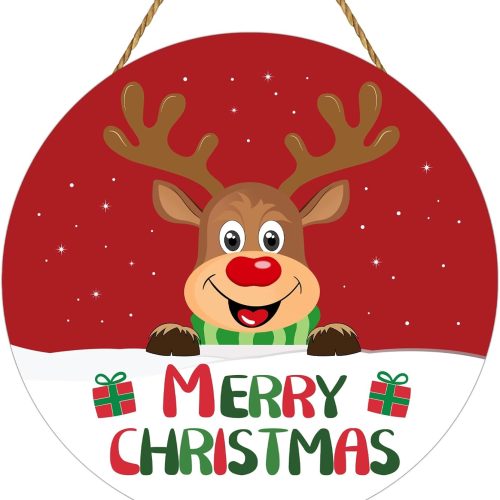 Christmas Door Decorations Merry Christmas Sign Cute Reindeer Wall Decor Wooden Front Door Hanger Reindeer Hanging Sign Wreath for Porch Wall Indoor Home Decor