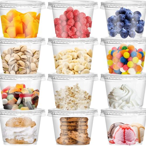 50 Pack 8 OZ Disposable Plastic Cups with Lids,Clear Portion Cups with Flat Lids,Disposable Clear Ice Cream Cup for Parfaits,Yogurt,Drink,Soups,Snacks,Salad,Fruit(With Holes)