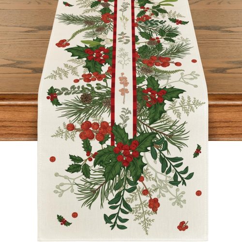 Artoid Mode Holly Pine Cone Leaves Floral Christmas Table Runner, Seasonal Winter Kitchen Dining Table Decoration for Home Party Decor 13x72 Inch