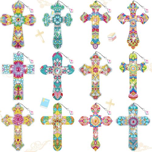 Tenceur 12 Pcs Cross Diamond Art Kit for DIY Religious Crystal 5D Diamond Painting Bookmarks Rhinestone Kits for Reading Lover Home Office Project Read DIY Crafts Gifts