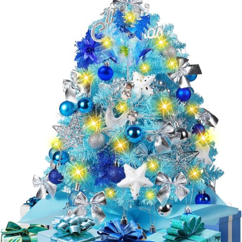 2FT Mini Christmas Tree, 100 Lifelike Branches, 60 LED Lights, 24 Inches Tabletop Artificial Pre-lit Christmas Tree with 58 Ornaments, Small Xmas Tree for Holiday Indoor DIY Decor (Snow)