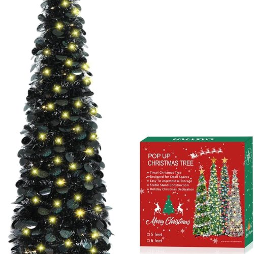 HMASYO 5 FT Pop Up Christmas Tree with Timer Lights, Pink Christmas Tinsel Tree, Collapsible Artificial Pencil Christmas Tree for Indoor Home Apartment Porch Holiday Party Decorations