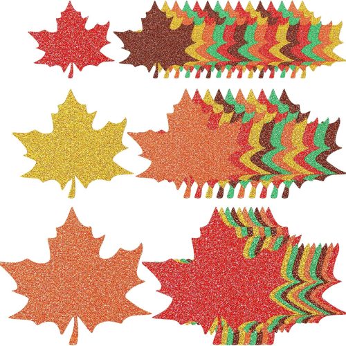 JUNEBRUSHS 90Pcs Fall Maple Leaves Cutouts, Printed Glitter Paper Leaf Cutouts Decorations, 3 Size Confetti Cutout for Autumn Classroom Bulletin Board Wall