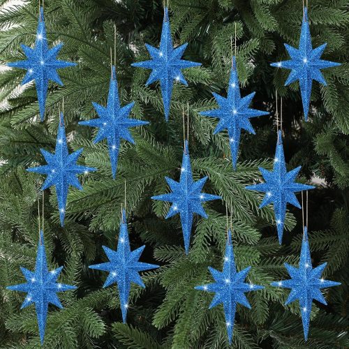 12 Pcs Christmas Blue Bethlehem Star Ornament 4.72 x 2.95 Inch Star of Bethlehem Christmas Tree Topper Glitter Ornament Plastic Nativity Stars Hanging Decor Accessories