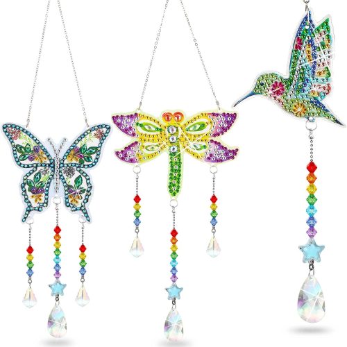 Jetec 3 Pcs Christmas Diamond Art Kits Painting Suncatcher Wind Chime Double Sided Crystal Hanging Ornaments for DIY Crafts Window Home Garden Decor(Dragonfly, Butterfly, Hummingbird)