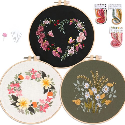 keke Full Series of Beginner Embroidery Kits Embroidery Cloth with 3 Stamp Patterns 3 Bamboo Embroidery Stretches 6 Needles 1Scissors and Instructions (Yellow)