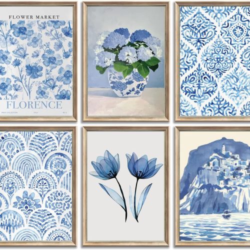 6Pcs Blue coastal Wall Art Flowers Aesthetic Wall Decor Pictures Trendy Minimalist Posters Prints Hydrangeas painting Preppy Artwork for Bedroom Gallery Home Decoration,8x10in Unframed