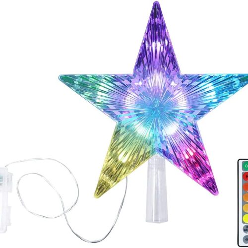 Christmas Star Tree Topper 9.5inch 17 colors 8 dynamic modes with Versatile Remote Controller 3AA Battery Powered for Lighted Christmas Tree Décor