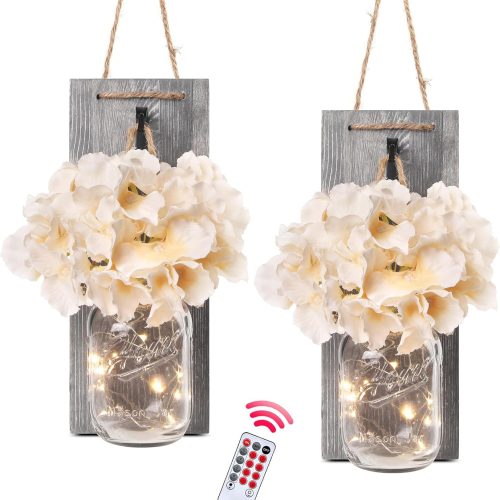 Besuerte Rustic Wooden Wall Hanging Decor with LED String Lights for Modern Living Room and Bedroom, Inspirational Country Style Vintage Wall Decoration Art, 6 Hour Timer Set of 2 Grey