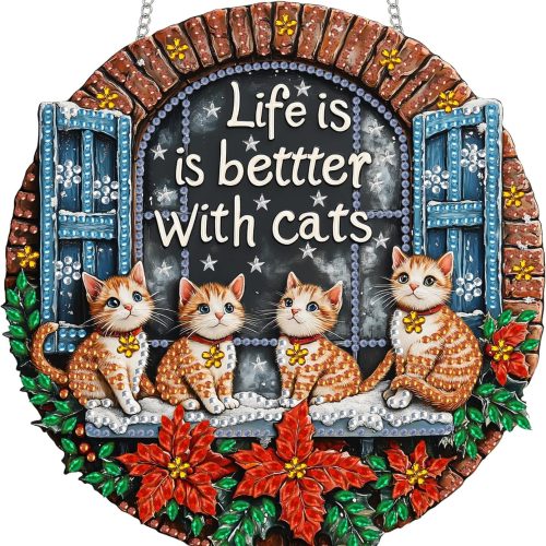 Reofrey Hanging Diamond Art Kits for Adults - 8x8 Inch Christmas Cat Acrylic Board Double Sided Pattern Diamond Art Suncatcher Pendant, DIY Crystal Art for Home Wall or Window Decoration Handmade Gift