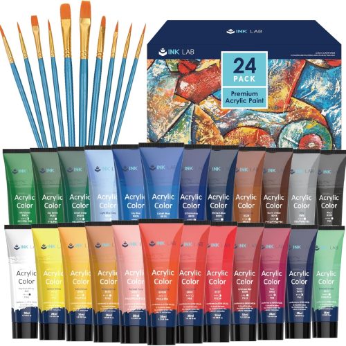 Acrylic Paint Set 24 Colors Craft Paints in Tubes with 10 Art Brushes Rich Pigment for Artists Beginners Kids Painting on Canvas Wood Fabric Crafts, 36ml/Tube