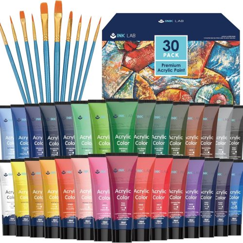 Acrylic Paint Set 30 Colors Craft Paints in Tubes with 10 Art Brushes Rich Pigment for Artists Beginners Kids Painting on Canvas Wood Fabric Crafts, 36ml/Tube