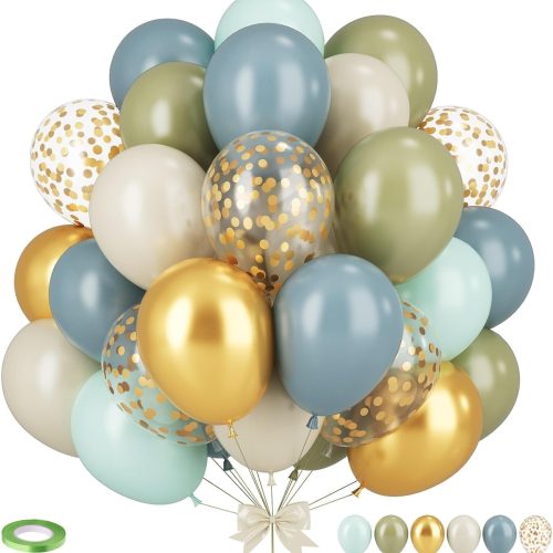 Dusty Blue Green Balloons,12 Inchs Sage Green Blue Sand White Gold Confetti Latex Balloons for Eucalyptus Birthday Boho Bridal Shower Wedding Decorations