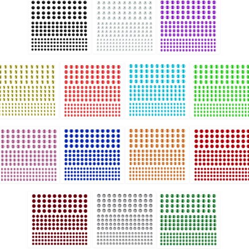 2408 Pieces of Self Adhesive Rhinestone Stickers - Set of 14 Assorted Sheets Stick On Gems for Parties, Face, Nail, Body, Makeup, DIY Crafts, Card Making, Decorations. 14 Colors in 3mm, 4mm, 5mm