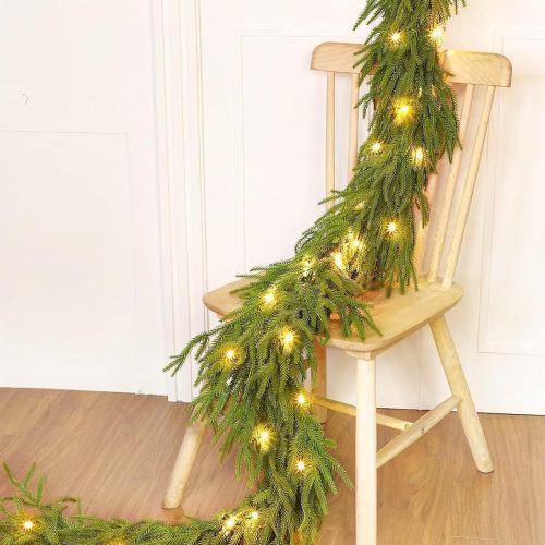 Prelit & Timer - 9 Ft by 10 Inch Christmas Garland with Lights, Real Touch Norfolk Pine Garland 180 Branches Tips Cedar Garlands Realistic Soft Thick Faux Greenery Garland for Home Table Mantle Stairs