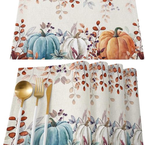 Fall Thanksgiving Placemats Set of 6, Watercolor Autumn Pumpkins Eucalyptus Leaves Heat Resistant Washable Linen Table Place Mats Party Holiday Decor for Home Kitchen Dining Outdoor Indoor,Blue Orange