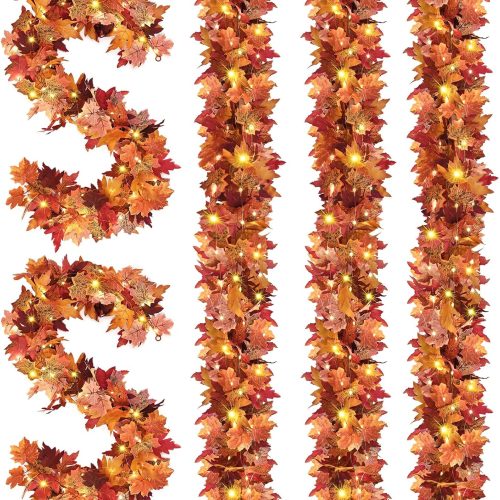 Fall Decor, 5 Pack Fall Garland with Lights, 5.7Ft Lighted Autumn Leaf Garland for Wedding Fireplace Mantle Thanksgiving Decor