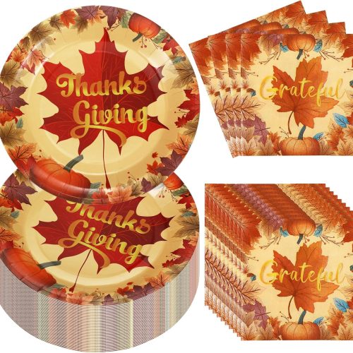 100 Pcs Thanksgiving Plates and Napkins Sets Disposable Tableware Fall Paper Dinner Dessert Plates Dinnerware for Thanksgiving Party Supplies Serve 50(Stylish Style)
