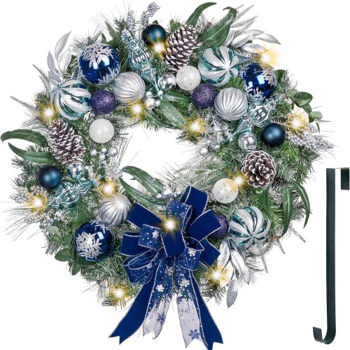 Valery Madelyn 30'' Pre-Lit Christmas Wreath for Front Door with Light, Large Lighted Outdoor Christmas Wreath with Silvery Blue Xmas Balls & Ribbon for Home Porch Fireplace Window Holiday Party Decor