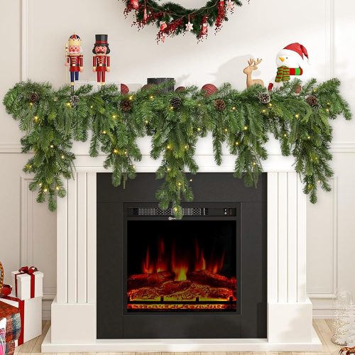 6Ft Cascading Prelit Christmas Garland for Mantel, Thick Green Light-up Garland Decorated with 80 LEDs & Pine Cones for Fireplace, Stair Railing Decor, Battery Operated
