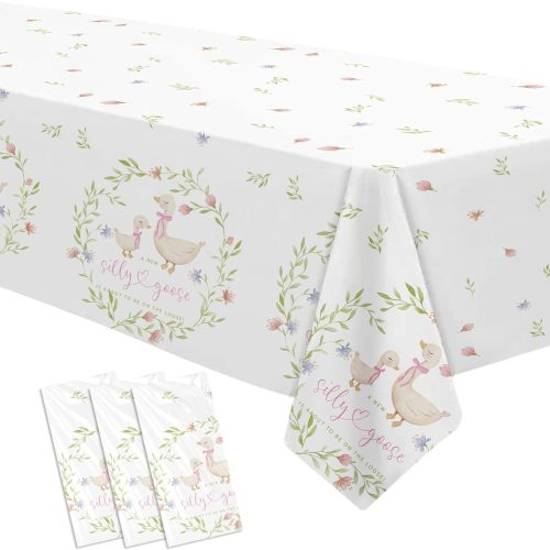 Pink Silly Goose Baby Shower Decorations Tablecloth, Disposable Goose Girl Baby Shower Party Supplies Tablecover, 3 Pack, 86in x 55in