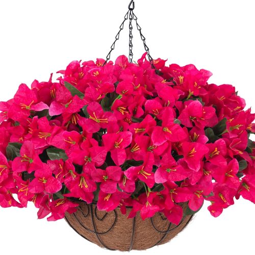 Artificial Fake Hanging Flowers Plants Basket for Outdoors Decoration, Faux Silk Bougainvillea Flowers in Planter UV Resistant Realistic Flower for Outside Porch Patio Garden Yard Home Decor (Hotpink)