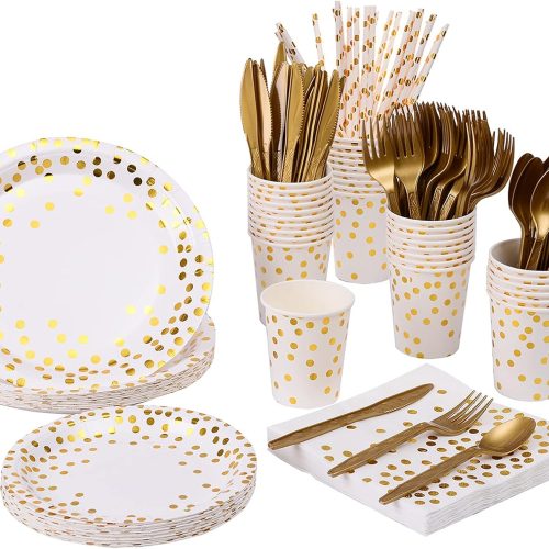 YAOSHENG 201 Party Supplies Set - Disposable Paper Dinnerware Serves 25 - Gold Dot Paper Plates Napkins Cups & Gold Plastic Silverware Sets for Wedding Bridal Shower Baby Shower Holiday Parties.