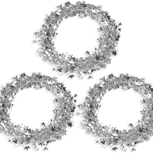 75 FT Star Tinsel Garlands with Wire, Christmas Star Wire Garland Decorations for Xmas Tree Home Wedding Birtahday Party Festive Ornament, Silver, 3 Pack