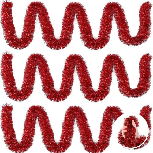 3 Pieces 59 Feet Christmas Foil Tinsel Garland, Metallic Tinsel Twist Garland Shiny Hanging Decorations for Holiday Tree, Party Supplies for Wedding, Birthday, Christmas (Red)