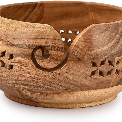 SAMHITA Acacia Wood Yarn Bowl Holder |Handmade Crocheting Accessories and Supplies Organizer (7" x 7" x 4")