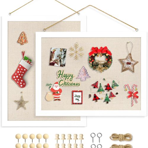 2-Pack Double-Sided Cork Board with Linen, 16" x 12" Hanging Wood Framed Bulletin Board, Picture Display Vision Board Kit Corkboards for Wall School Office Decor, 20 Pushpins (Vintage White)