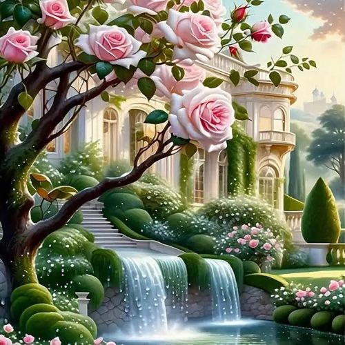 CHWGLFGG 5D Landscape Diamond Art Kits for Adults Beginners, DIY Full Round Drill Diamond Painting Kits Rose Manor,Paint by Diamonds Dot Gem Art Crystal Garden Scenery Easy,Home Wall Decor 12X16Inch