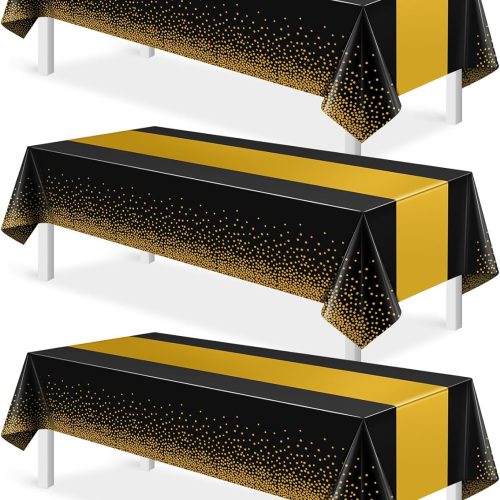 3Pcs Black and Gold Tablecloth Party Decorations,Plastic Black Table Cloth Printed Gold Table Runner Disposable Rectangle Tables Cover for Birthday Retirement Anniversary Graduation Party,54 x108 Inch