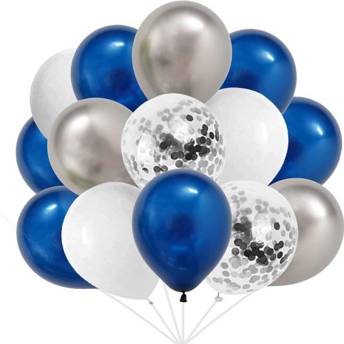 124pcs Blue Silver White Balloons Garland Arch Kit 5/10/12/18 Inch Royal Navy Blue White Metallic Silver Confetti Set for Birthday Wedding Graduation Party Father's Day Decor