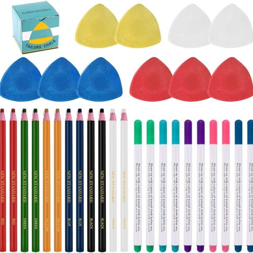 Swpeet 32Pcs Professional Sewing Tools Kit, Including 10Pcs Professional Tailor's Chalk and 12Pcs Sewing Mark Pencil with 10Pcs 5 Color Disappearing Erasable Ink Fabric Marker Pen for Sewing Marking