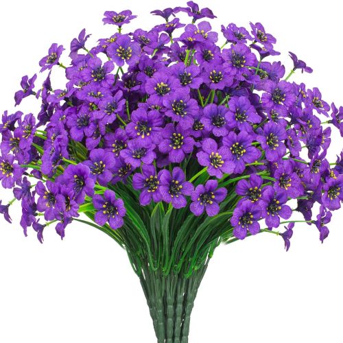 Outdoor Artificial Flowers 21 UV Resistant Bundles Fake Flower Plastic Plants Faux Silk Flowers Porch Hanging Garden Porch Window Box Decorating (Purple)