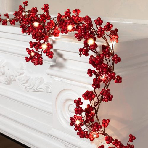 Syhood 1 Piece Christmas Red Berry String Garland Artificial Lighted Berry Garland for Xmas Winter Valentine's Day Holiday Fireplace Mantel Table Decorations Tree Decor, 6 ft
