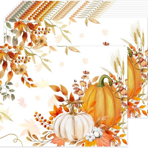 50 Pack Disposable Paper Placemats Fall Table Mats 16x11 inch Autumn Pumpkin Maple Leaves Pattern Place Mats for Thanksgiving Holiday Party Kitchen Dining Table Decoration (Style 1)