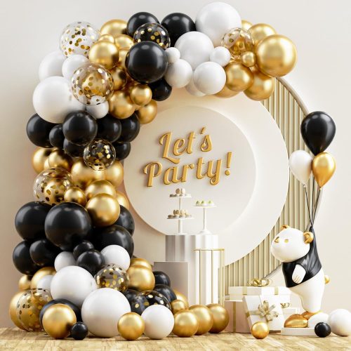 NISOCY Black and Gold Balloons Garland Arch Kit, 120PCS Black White Metallic Gold Balloons Arch Kit with Confetti Balloons for 2026 New Year Graduation Birthday Wedding Baby Shower Party Decorations